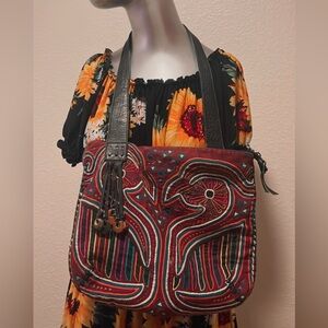 Red and Black Embroidered Shoulder Bag with Geometric Strap